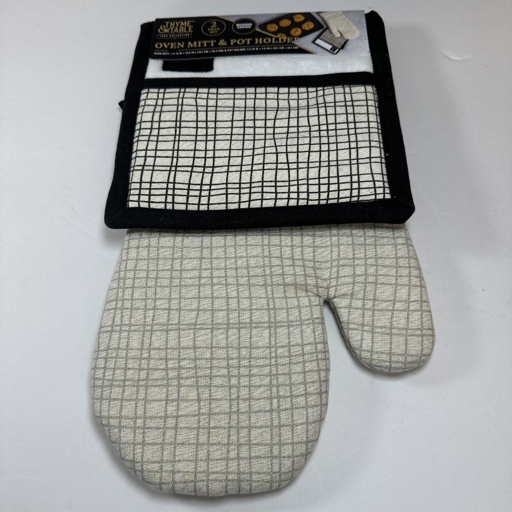 Thyme & Table Oven Mitt and Potholder, Cream & Black Crosshatch 2 Pack Set New